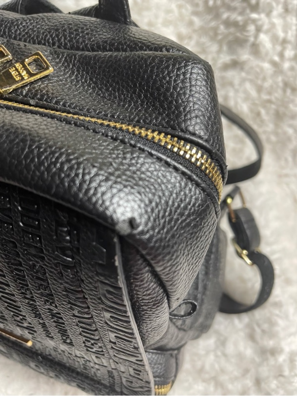 Steve Madden Black Textured Leather Mini Backpack with Gold Hardware Accents